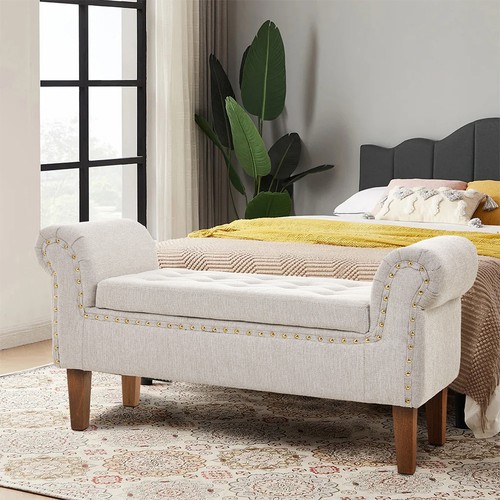 Large linen ottoman stool - large,