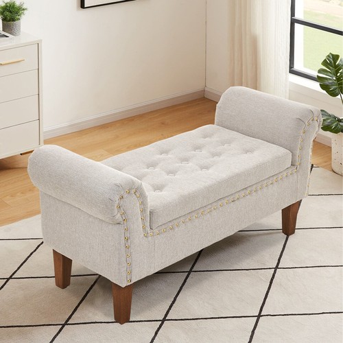 Linen upholstered arm bench - linen,