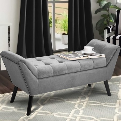 Grey velvet upholstered bench - grey,